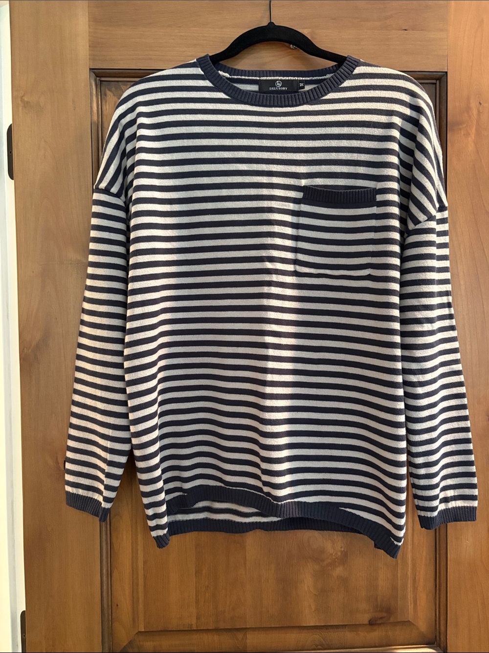 Women’s Striped Navy and White Crewneck Sweater with Chest Pocket - runs large